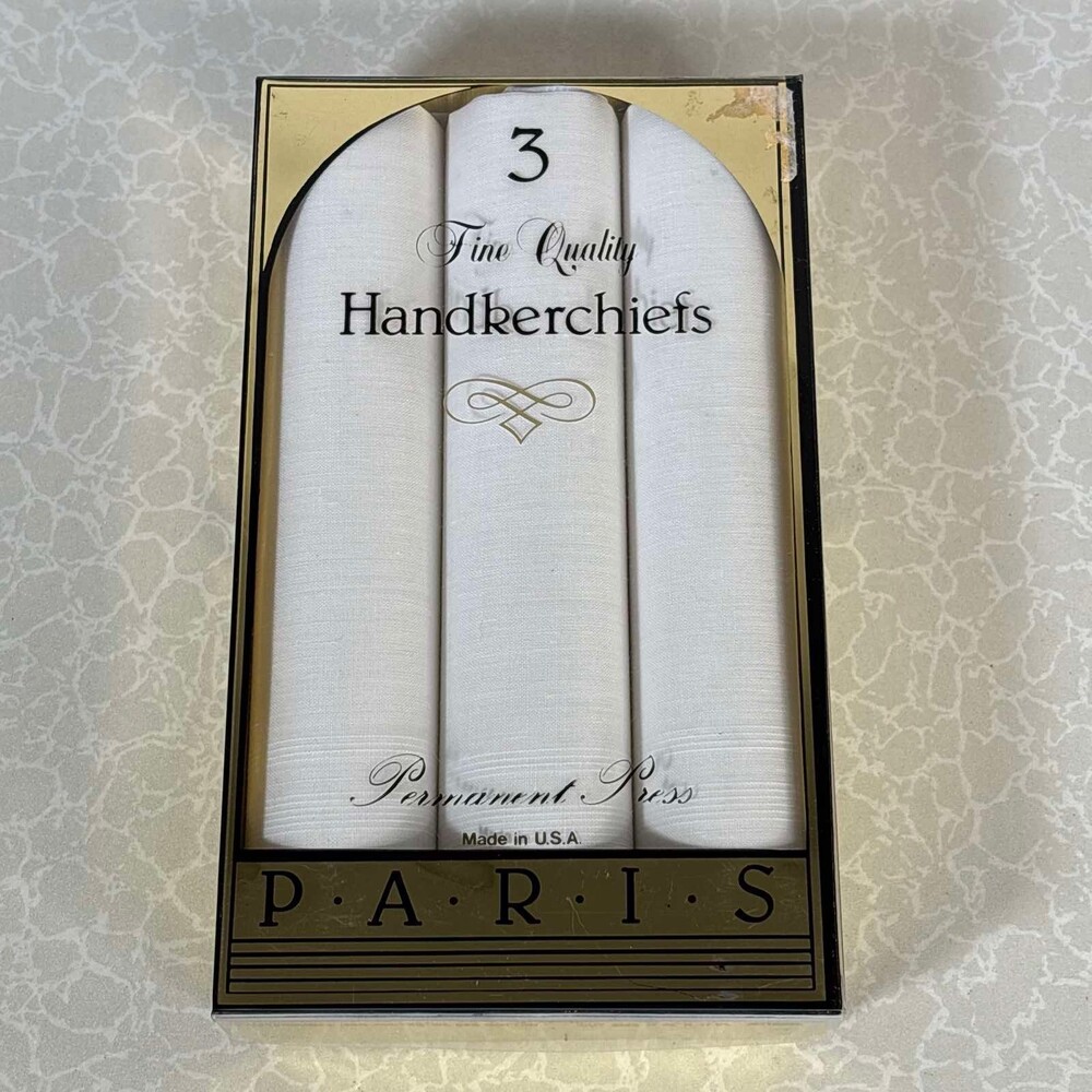 Vintage PARIS Handkerchiefs Set of 3 Fine Quality Permanent Press Made USA